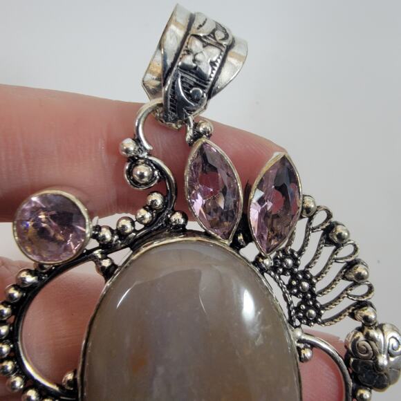Handmade Silver Pendant with Moon Agate and Pink Topaz Accents - Picture 4 of 10